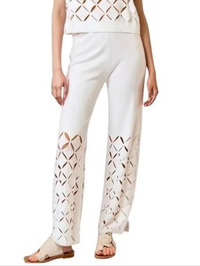 Lalavon Ileana Cutout Detail Pants Cream Knit Wide Leg Elastic Waist Size S